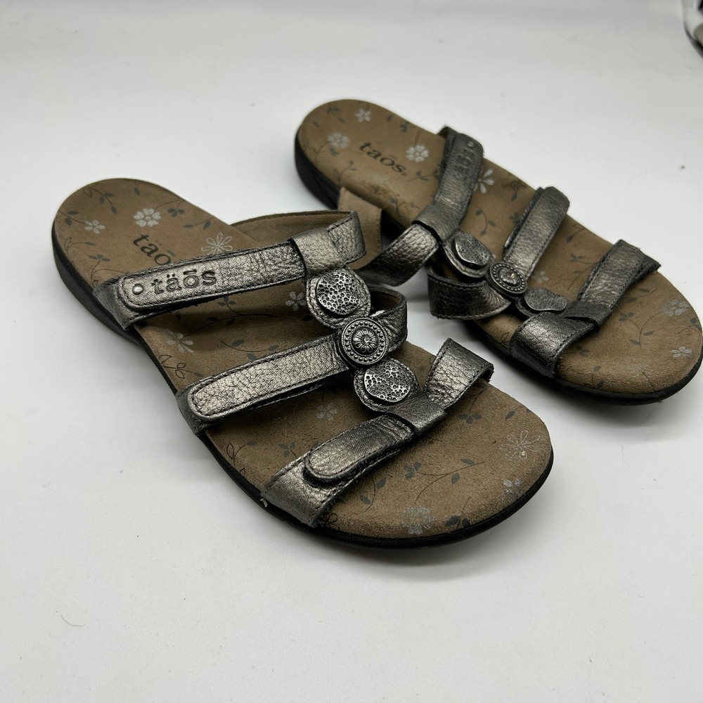 Taos Prize 3 Metallic‎ Pewter Leather Adjustable Slide Sandals Women's 6